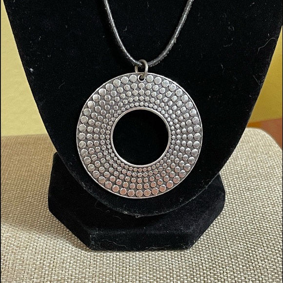 Silver Circular Pendant on Black Cord Necklace 10" with Lobster Claw Closure - Picture 2 of 4